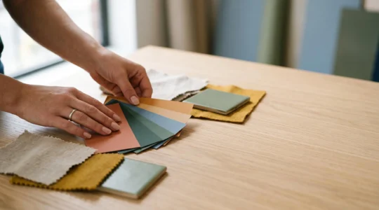 Un professionnel du design compare avec soin des echantillons de couleurs et de matieres, symbolisant la decision d'investir dans une expertise graphique experimentee