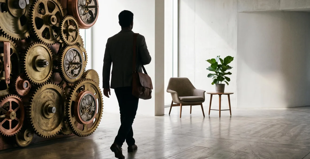 Professionnel du marketing sortant symboliquement d'un enchevêtrement d'engrenages vers un espace de travail lumineux et épuré, illustrant le temps libéré par l'automatisation