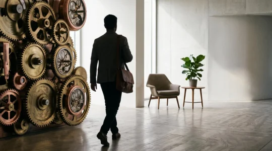 Professionnel du marketing sortant symboliquement d'un enchevêtrement d'engrenages vers un espace de travail lumineux et épuré, illustrant le temps libéré par l'automatisation