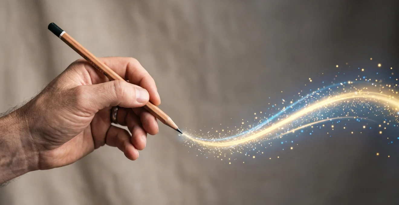 Une main d'artiste au moment charnière entre un geste de dessin traditionnel et une trace lumineuse numérique, symbolisant la fusion entre l'artisanat et la technologie dans les studios créatifs