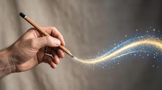 Une main d'artiste au moment charnière entre un geste de dessin traditionnel et une trace lumineuse numérique, symbolisant la fusion entre l'artisanat et la technologie dans les studios créatifs