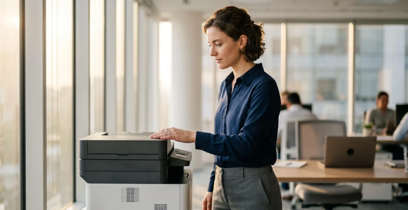 Technicien inspectant avec soin une imprimante multifonction moderne dans un bureau lumineux, symbolisant une démarche de maintenance préventive