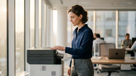 Technicien inspectant avec soin une imprimante multifonction moderne dans un bureau lumineux, symbolisant une démarche de maintenance préventive
