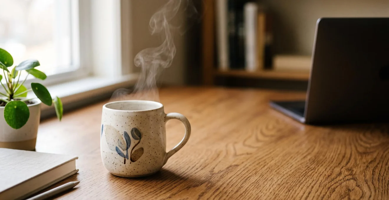Mug personnalisé posé sur un bureau en bois, entouré d'une ambiance de travail chaleureuse illustrant sa visibilité quotidienne