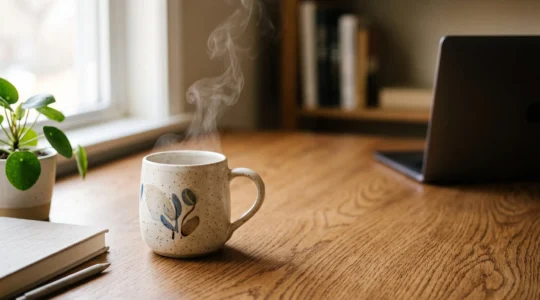 Mug personnalisé posé sur un bureau en bois, entouré d'une ambiance de travail chaleureuse illustrant sa visibilité quotidienne