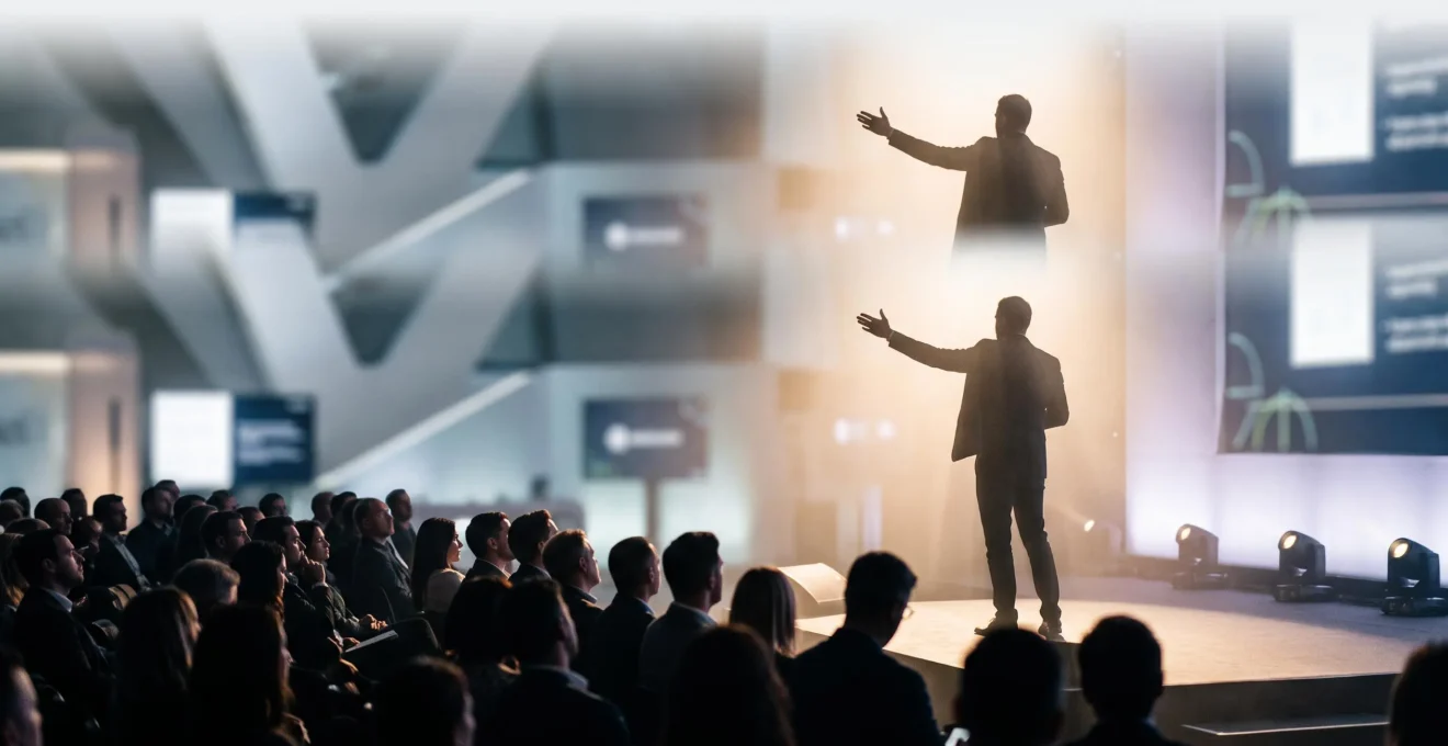Silhouette d'un intervenant sur scène face à une audience, symbolisant la conversion d'une prise de parole en opportunités commerciales