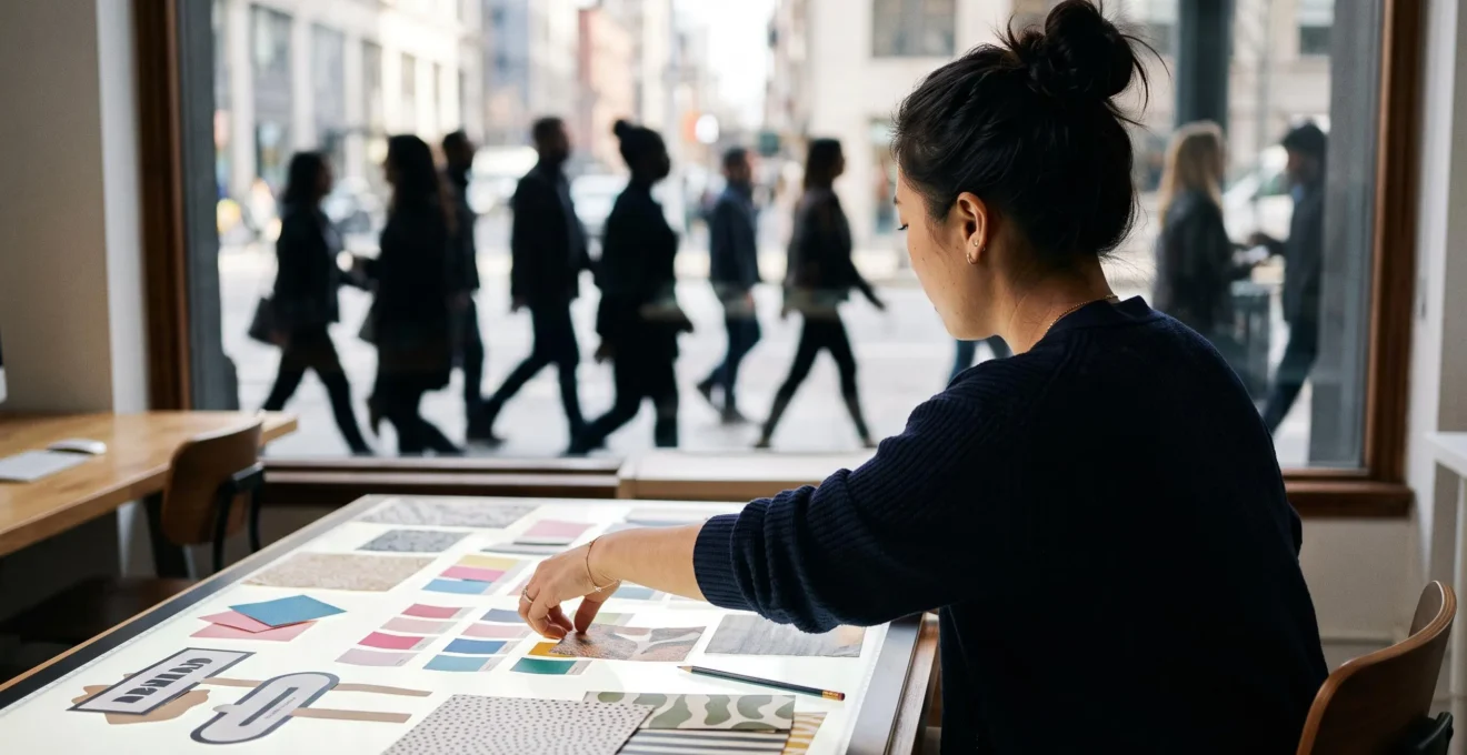 Designer au travail isolé visuellement de la foule qui représente son public cible réel, symbolisant le décalage entre création graphique et audience