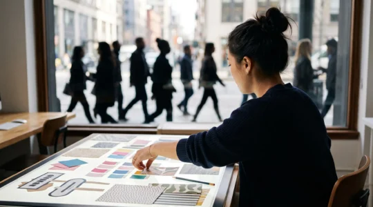 Designer au travail isolé visuellement de la foule qui représente son public cible réel, symbolisant le décalage entre création graphique et audience