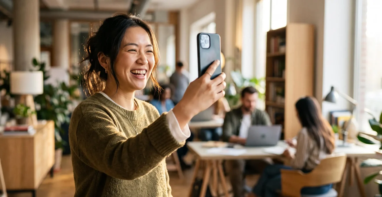 Une personne filme une scène avec un smartphone, capturant un instant de partage authentique symbolisant la viralité du contenu vidéo