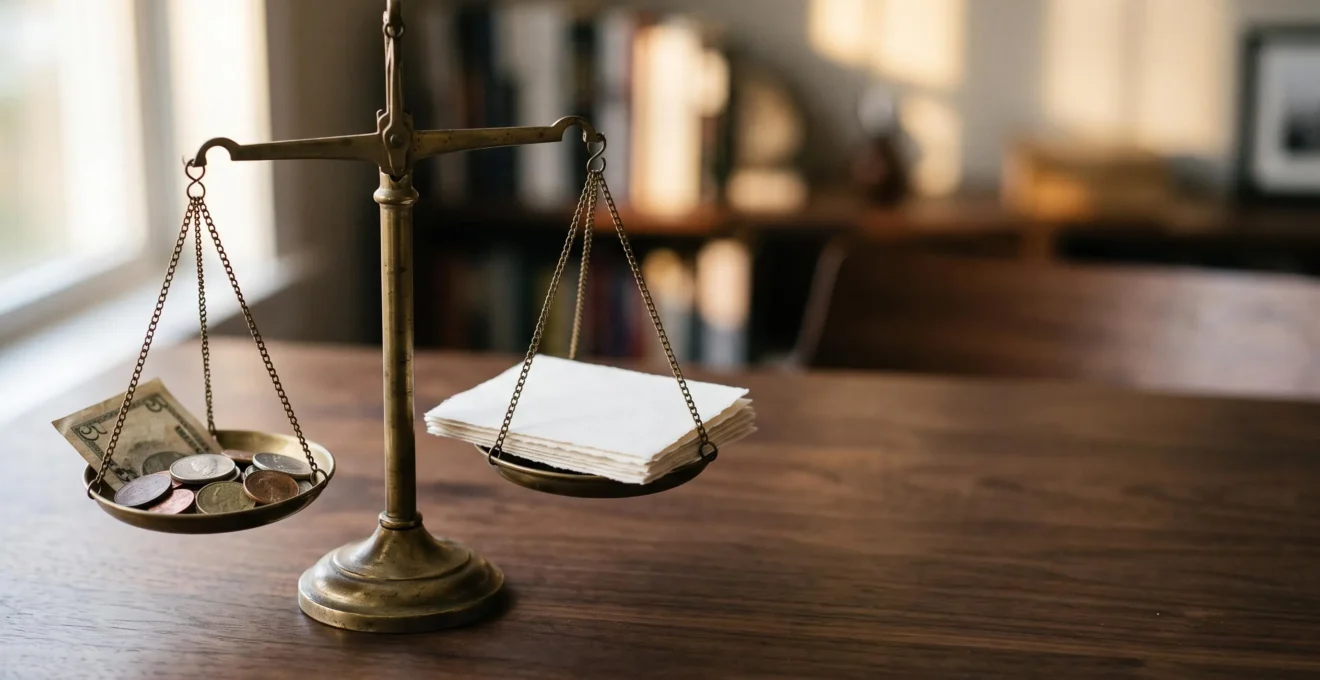 Balance symbolique illustrant l'équilibre entre réduction des coûts d'impression et maintien de la qualité professionnelle