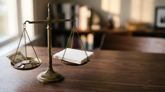 Balance symbolique illustrant l'équilibre entre réduction des coûts d'impression et maintien de la qualité professionnelle