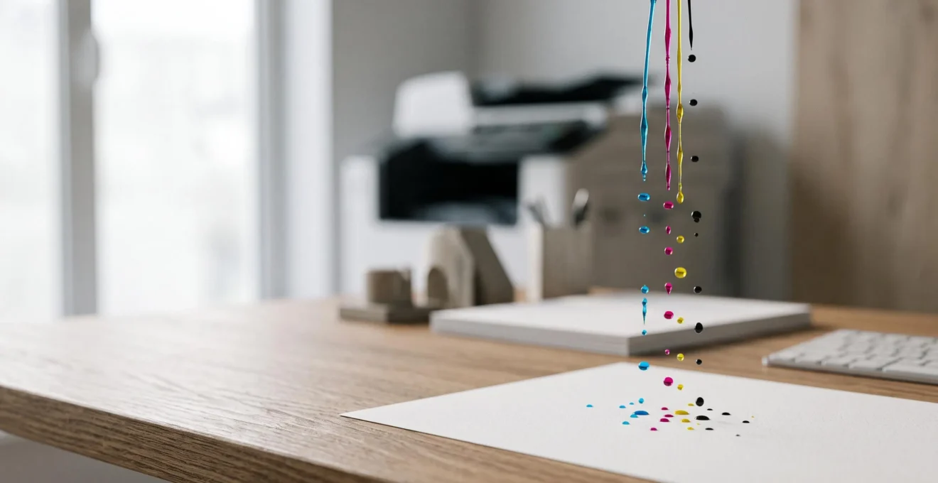Bureau moderne épuré avec une feuille imprimée aux couleurs vives posée à côté de gouttes d'encre colorées, illustrant l'équilibre entre économie et qualité d'impression