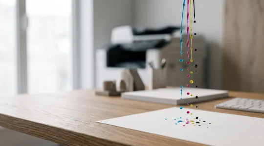 Bureau moderne épuré avec une feuille imprimée aux couleurs vives posée à côté de gouttes d'encre colorées, illustrant l'équilibre entre économie et qualité d'impression