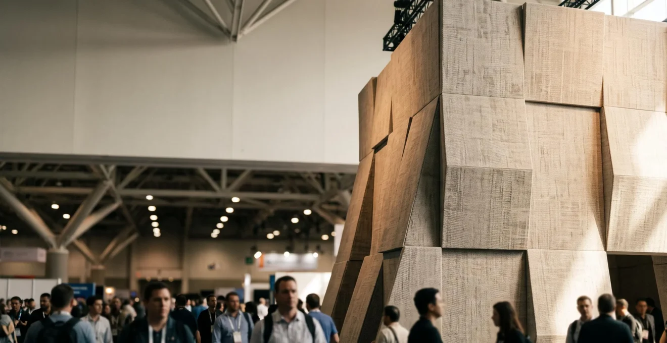 Vue d'ensemble d'un stand de salon professionnel avec une grande structure imprimée qui domine l'allée et attire le regard des visiteurs