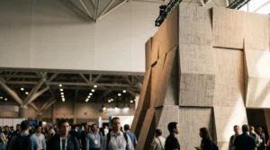 Vue d'ensemble d'un stand de salon professionnel avec une grande structure imprimée qui domine l'allée et attire le regard des visiteurs