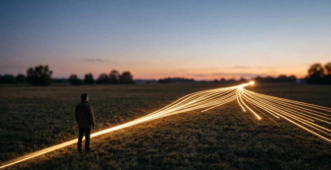 Sentier lumineux unique se multipliant en une constellation de trajectoires convergentes, symbolisant la croissance d'une audience qualifiee grace a une strategie de contenu coherente