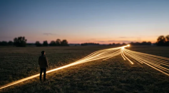 Sentier lumineux unique se multipliant en une constellation de trajectoires convergentes, symbolisant la croissance d'une audience qualifiee grace a une strategie de contenu coherente