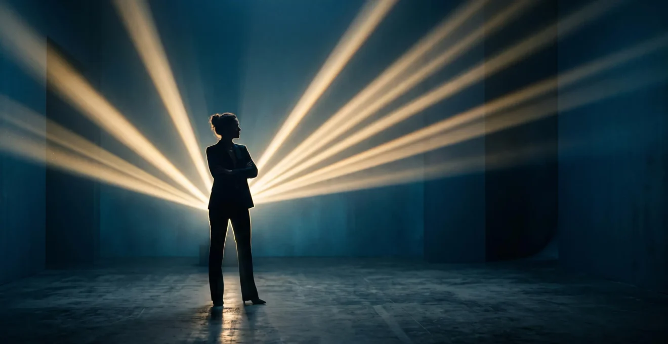 Illustration symbolique d'une silhouette professionnelle entourée de faisceaux de lumière qui se multiplient, représentant la croissance exponentielle de la visibilité grâce a une strategie reseaux sociaux coherente