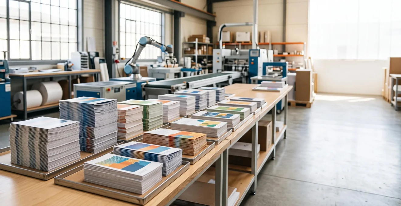 Vue editoriale d'un atelier d'impression moderne illustrant la transformation numerique des supports de communication