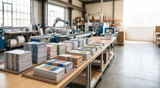 Vue editoriale d'un atelier d'impression moderne illustrant la transformation numerique des supports de communication