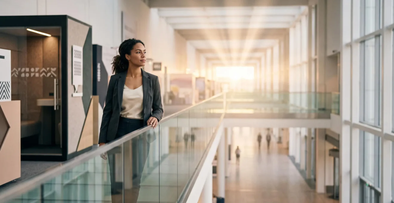Un professionnel du marketing observant un vaste hall d'exposition depuis une passerelle en verre, symbolisant la transformation d'un investissement salon en croissance commerciale