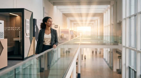 Un professionnel du marketing observant un vaste hall d'exposition depuis une passerelle en verre, symbolisant la transformation d'un investissement salon en croissance commerciale